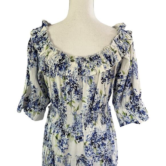 Soft Surroundings Rosana Linen Blend Floral Maxi Dress Size L Blue Tiered NWT - Picture 6 of 8